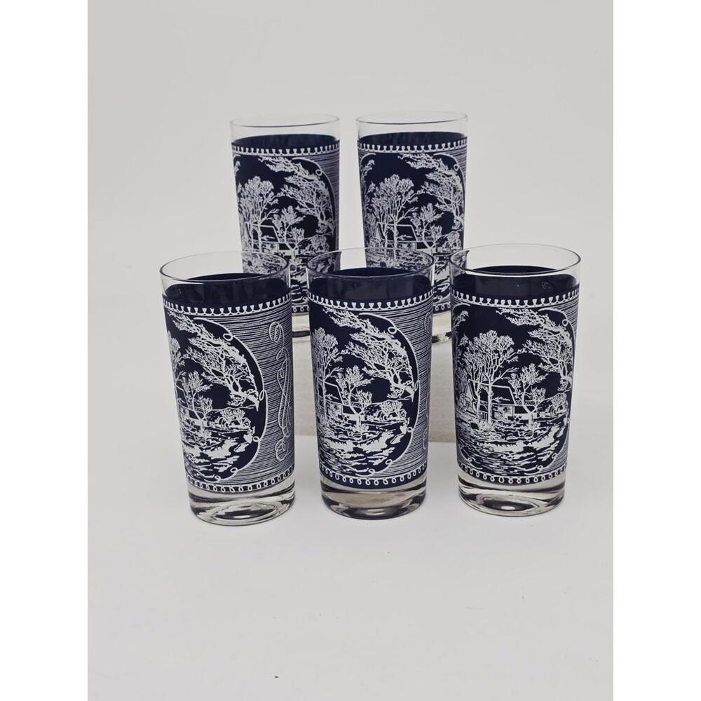 Royal Currier and Ives Blue 5 Glassware Tumbler 12oz Made In USA 1950's